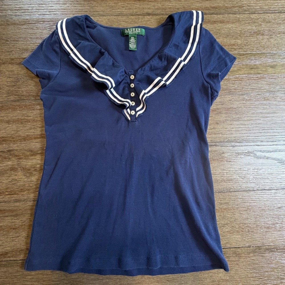 Lauren Ralph Lauren Petite Navy Blue Ruffle Nautical Striped V-Neck Top PM